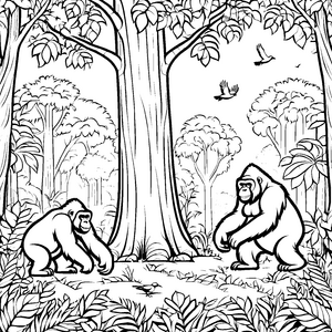 Verspielte Gorillas mit Fußball unter dem Baum Ausmalmotiv für junge Naturentdecker