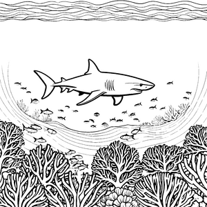 Faszinierender Hai umgeben von fröhlichen Fischen Ausmalvorlage für abenteuerlustige Meeresforscher