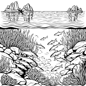 Schwimmende Heringe zwischen zauberhaften Felsen Ausmalvorlage für neugierige Wasserliebhaber