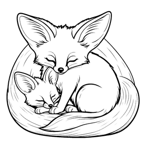 Zwei verspielte Wüstenfuchs-Babys beim Kuscheln Ausmalmotiv für spannende Abenteurer und kleine Freundschaftsjäger