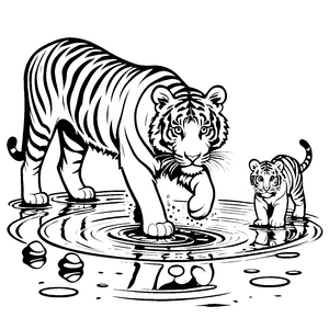 Verspielte Tigerbabys im glitzernden Wasser Malbild für neugierige Tierfreunde