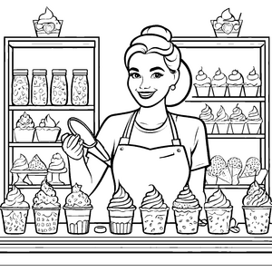 Verzauberte Bäckerin mit bunten Cupcakes Malvorlage für kreative Naschkatzen auf schmackhafter Entdeckungsreise