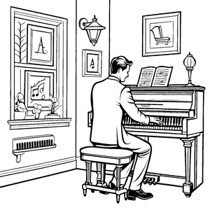 Begeisterter Pianist am majestätischen Klavier Ausmalvorlage für neugierige Musikentdecker
