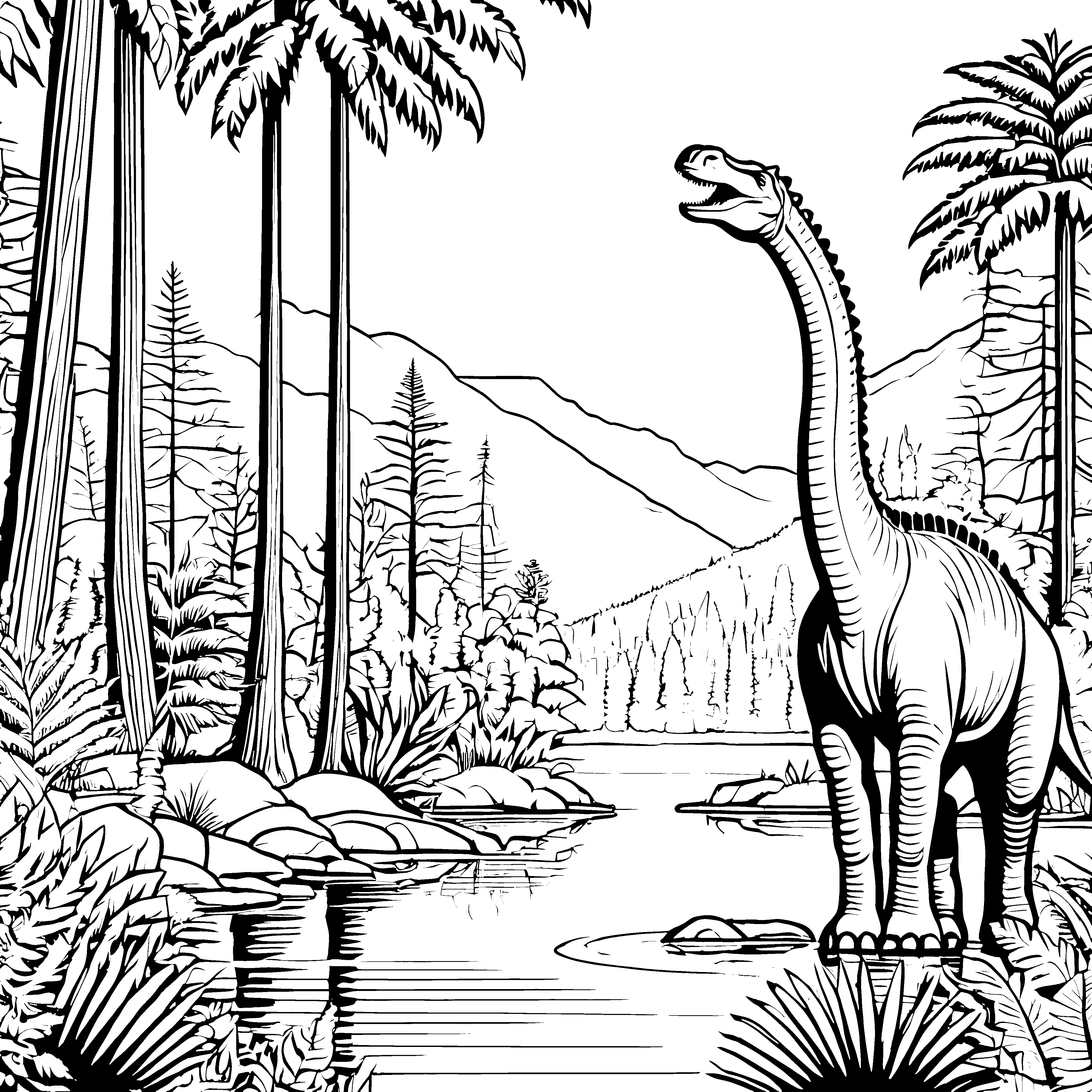 Majestätischer Brachiosaurus am glitzernden See Ausmalvorlage für abenteuerlustige junge Dino-Künstler