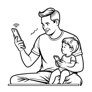 Vater mit schlafendem Kind und Smartphone Ausmalvorlage für liebevolle Technikfans