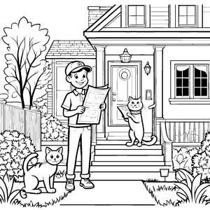 Neugieriger Zeitungsausträger mit Katze und Hund auf der Treppe Ausmalbild für fantasievolle Tierfreunde