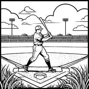 Emsiger Baseballspieler mit Schläger am Spielfeldrand Ausmalmotiv für energiegeladene junge Talente