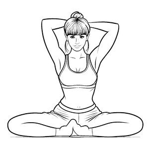 Inspirierte Frau mit Fransenpony in entspannter Yoga-Pose Ausmalvorlage für achtsame Fantasten