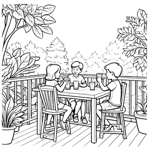 Gesellige Runde mit fröhlichen Freunden auf der Terrasse Ausmalbild für kleine Sonnenliebhaber