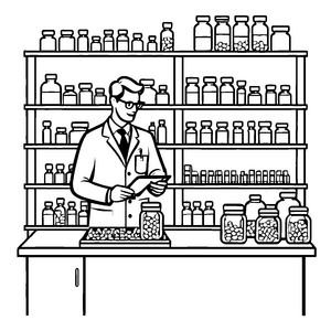 Fokussierter Apotheker mit faszinierenden Heilmitteln Ausmalmotiv für wissbegierige kreative Köpfe