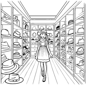 Lustiges Mädchen mit bunten Hüten und Kleidern Ausmalbild für junge Modedesigner
