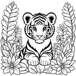 Niedliches Tigerbaby umgeben von bunten Blumen Ausmalvorlage für kleine Tierentdecker