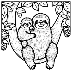 Liebevolle Riesenfaultier-Nachwuchs mit Baby auf Zweig Ausmalmotiv für fantasievolle Tierfreunde