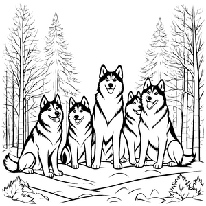 Sechs fröhliche Huskys im malerischen Wald Malvorlage für kleine Entdecker