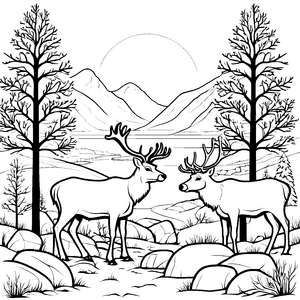 Zwei majestätische Rentiere im mystischen Wald Ausmalbild für abenteuerlustige Naturliebhaber