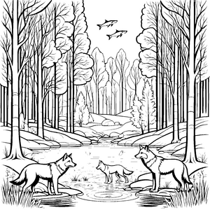 Drei graue Wölfe im geheimnisvollen Wald Ausmalvorlage für mutige Naturforscher