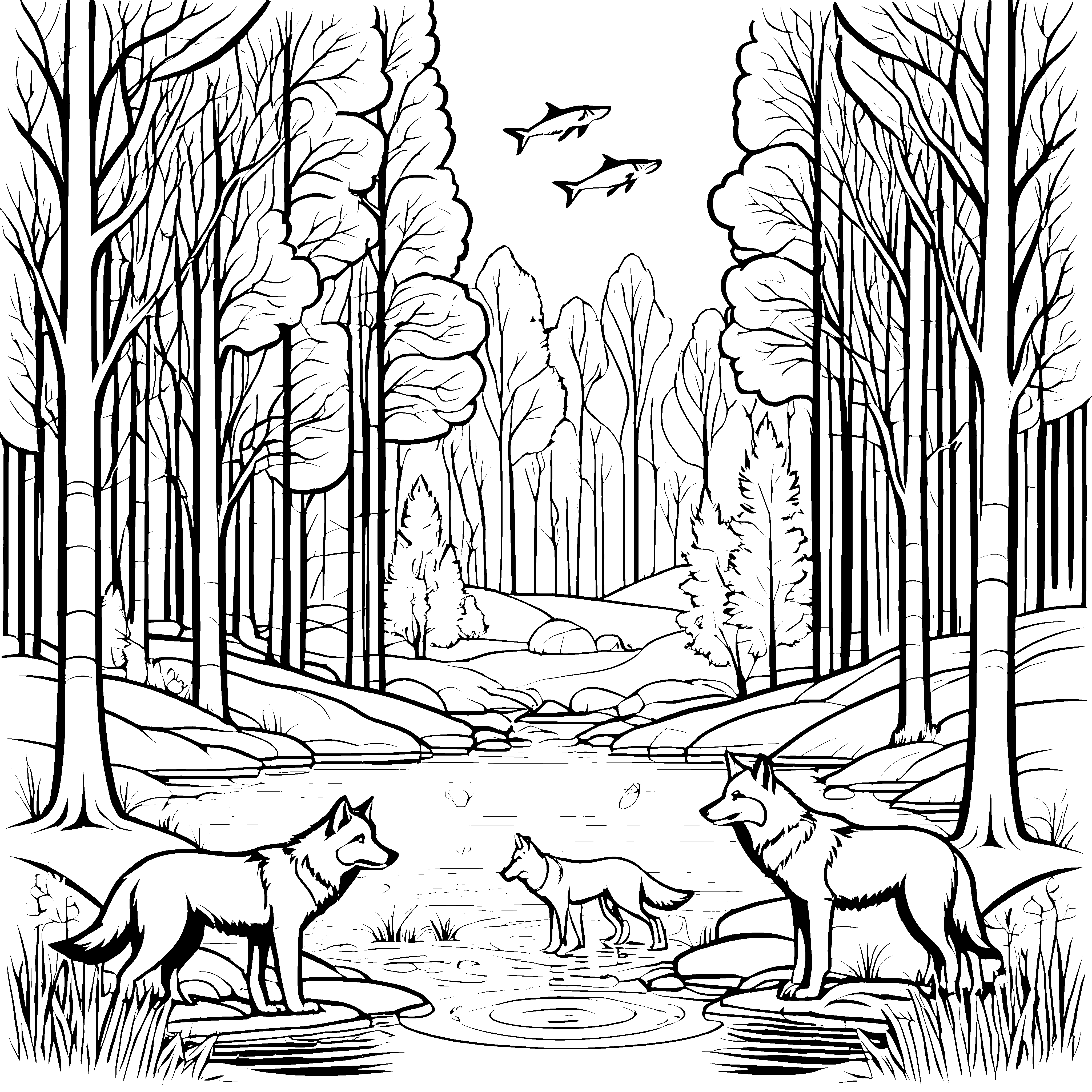 Drei graue Wölfe im geheimnisvollen Wald Ausmalvorlage für mutige Naturforscher