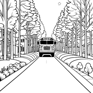 Beeindruckender Schulbus auf lebhafter Fahrbahn Ausmalbild für abenteuerlustige Verkehrsexperten