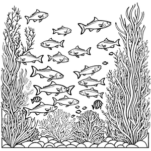 Lebhafte Heringe in buntem Aquarium Ausmalbild für kleine Ozeanforscher