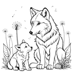 Süße Wolfsfamilie in harmonischem Moment Ausmalvorlage für kleine Tierliebhaber