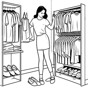 Lebhafte Frau entdeckt modische Damen-T-Shirts im Kleiderschrank Ausmalbild für stilbewusste Entdeckerinnen