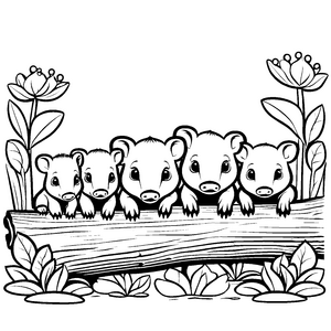 Bezaubernde Tapir Jungtiere auf einem Baumstamm Ausmalvorlage für kleine Entdecker mit Herz