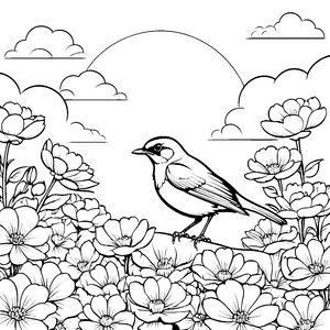 Lebhafter Vogel auf Felsen mit blühenden Blumen Malvorlage für kleine Gartenzauberer