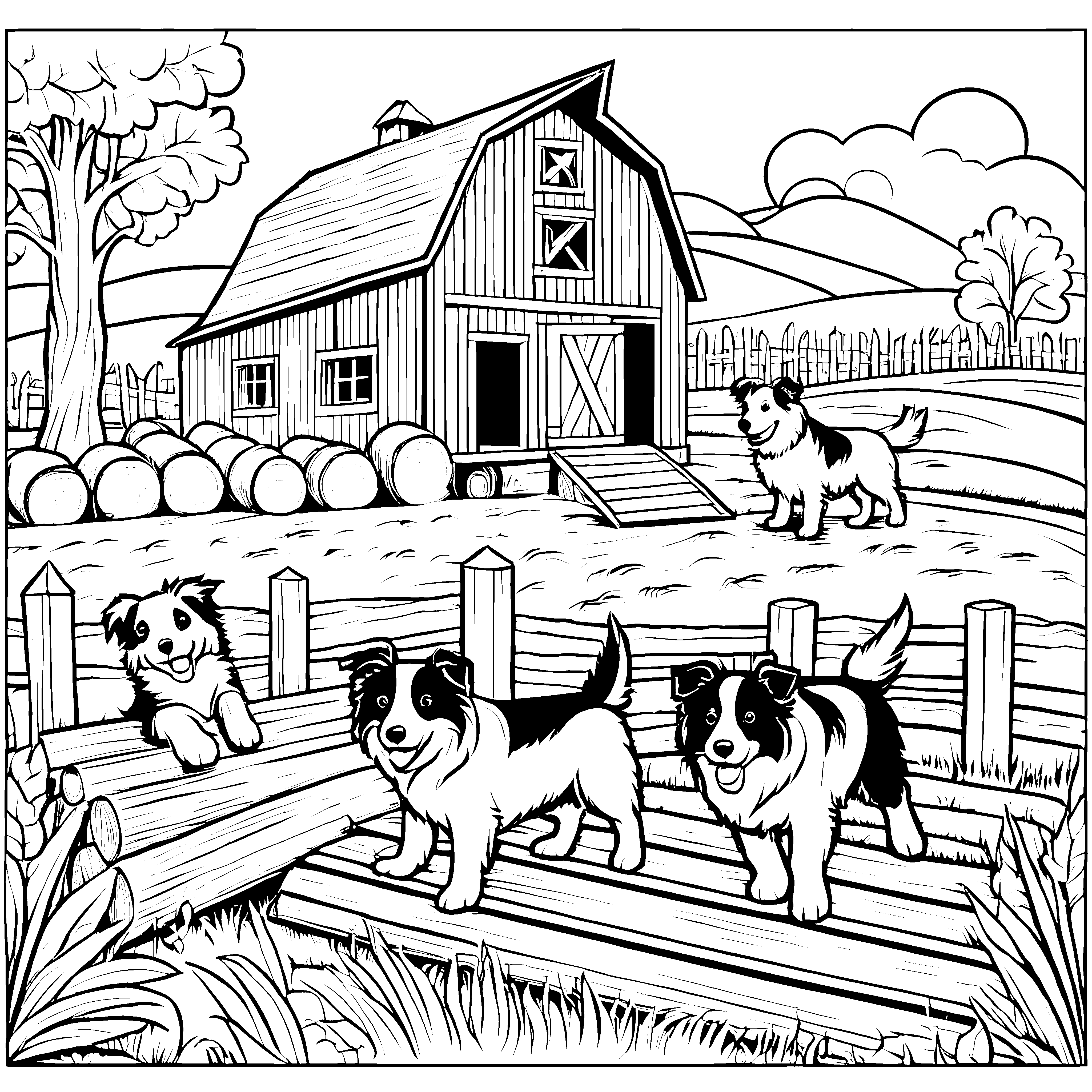 Drei kuschelige Border Collies beim alten Bauernhaus Ausmalbild für kreative Tierliebhaber