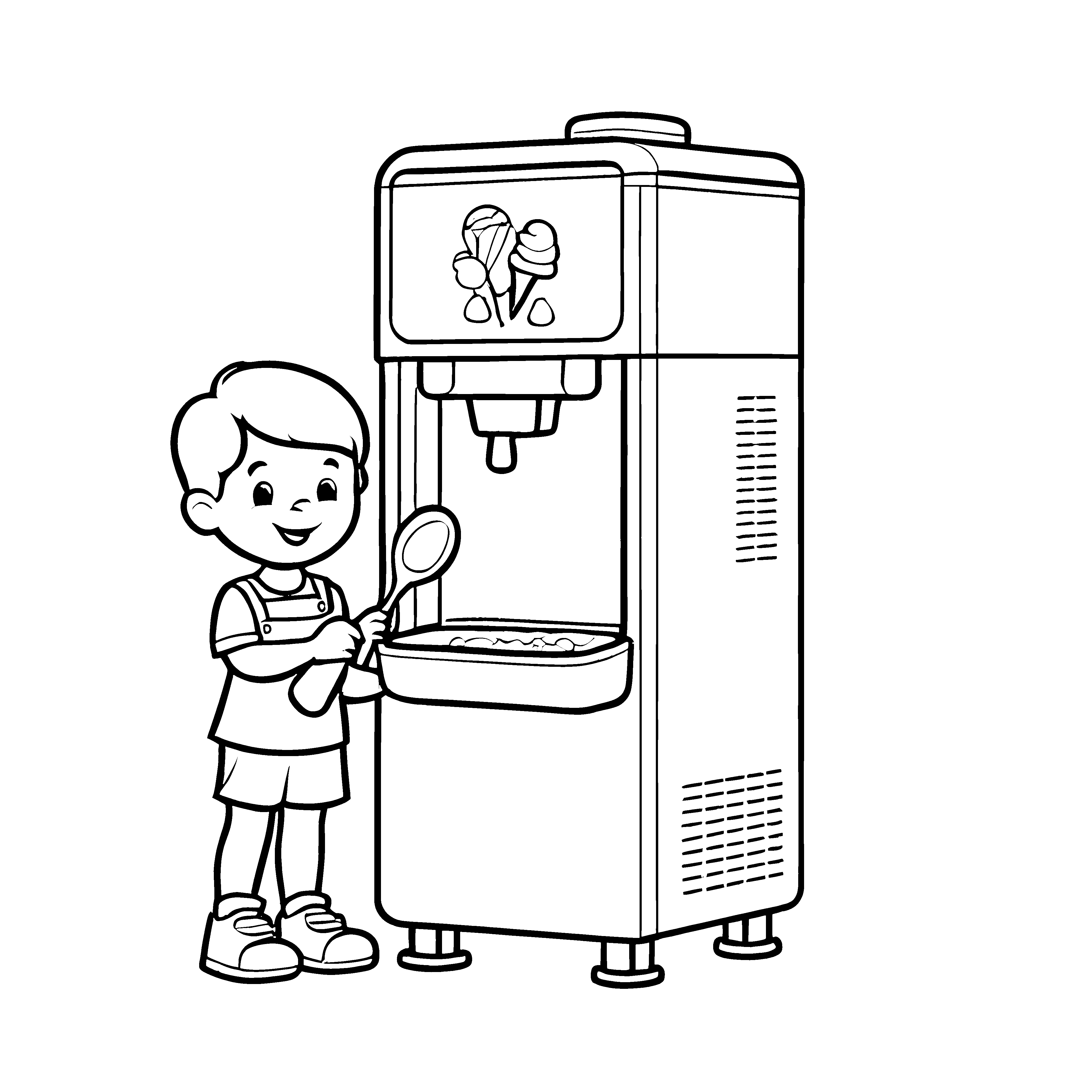 Glücklicher Junge mit Eismaschine und Lächeln Ausmalmotiv für kleine Eiskünstler