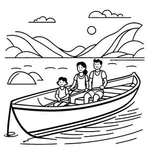 Fröhliches Paddelboot mit glücklicher Familie unter der Sonne Malvorlage für abenteuerlustige Wasserratten