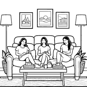 Gemeinschaftliches Plaudern auf coolem Dreisitzer-Sofa Ausmalvorlage für fröhliche Freunde