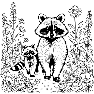 Zwei fröhliche Waschbär-Babys im bunten Blumenfeld Malvorlage für kleine Naturkünstler