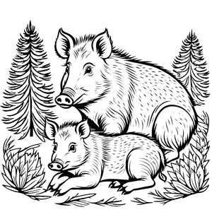 Zwei charmante Wildschwein-Babys unter schattigen Bäumen Ausmalbild für kleine Abenteurer