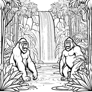 Faszinierende Gorillas am rauschenden Wasserfall Malvorlage für abenteuerlustige Forscher