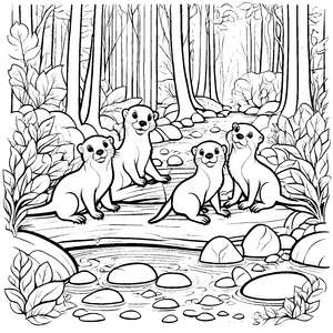 Drei süße Otterbabys am Bach Ausmalvorlage für kleine Tierfreunde