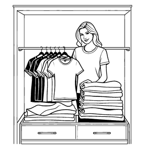 Stilbewusste Frau in T-Shirt vor dem Kleiderschrank Ausmalvorlage für kreative Modeentdecker