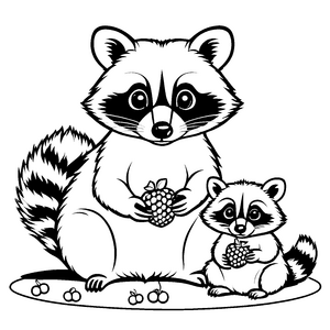 Süße Waschbär-Mama mit ihrem kleinen Schatz Malvorlage für neugierige Naturfreunde