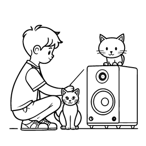 Zwei Katzen und ein Lautsprecher beim Spielen Ausmalvorlage für neugierige Tierliebhaber
