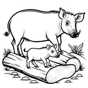 Charmantes Warzenschwein-Jungtier neben Mama Pig Ausmalbild für kleine Abenteurer mit Fantasie