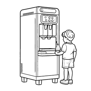 Junge mit erfrischendem Getränk neben spritziger Eismaschine Ausmalbild für abenteuerliche Durstlöscher
