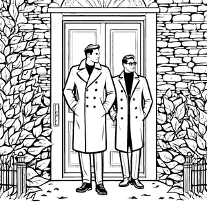 Dynamisches Duo in eleganten Mänteln Malvorlage für stilvolle Abenteurer von morgen