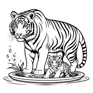 Kraftvolles Tigerbaby mit liebender Mama im Wasser Malvorlage für neugierige kleine Abtaucher