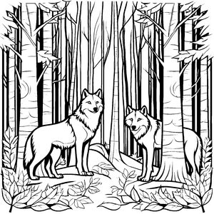 Zwei eindrucksvolle Wölfe im Wald Ausmalmotiv für abenteuerlustige Naturfreunde