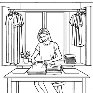 Fleißige Künstlerin bei der Arbeit an Damen-T-Shirts Ausmalbild für kreative Meisterwerke in spe