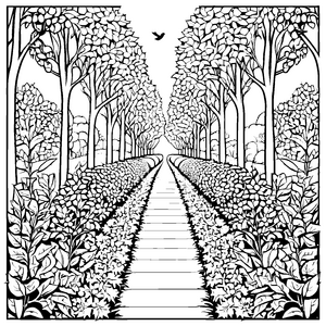 Hecke mit Bäumen und fliegendem Vogel Ausmalvorlage für kleine Naturfreunde