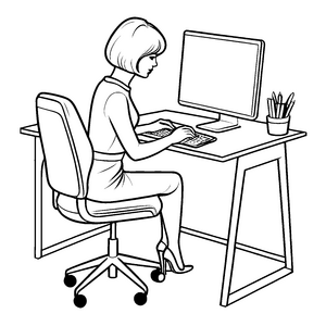 Elegante Frau am Schreibtisch mit Computer Ausmalvorlage für kreative Arbeitspiraten