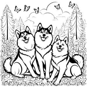 Drei bezaubernde Huskys im bunten Wald Ausmalbild für junge Tierfreunde