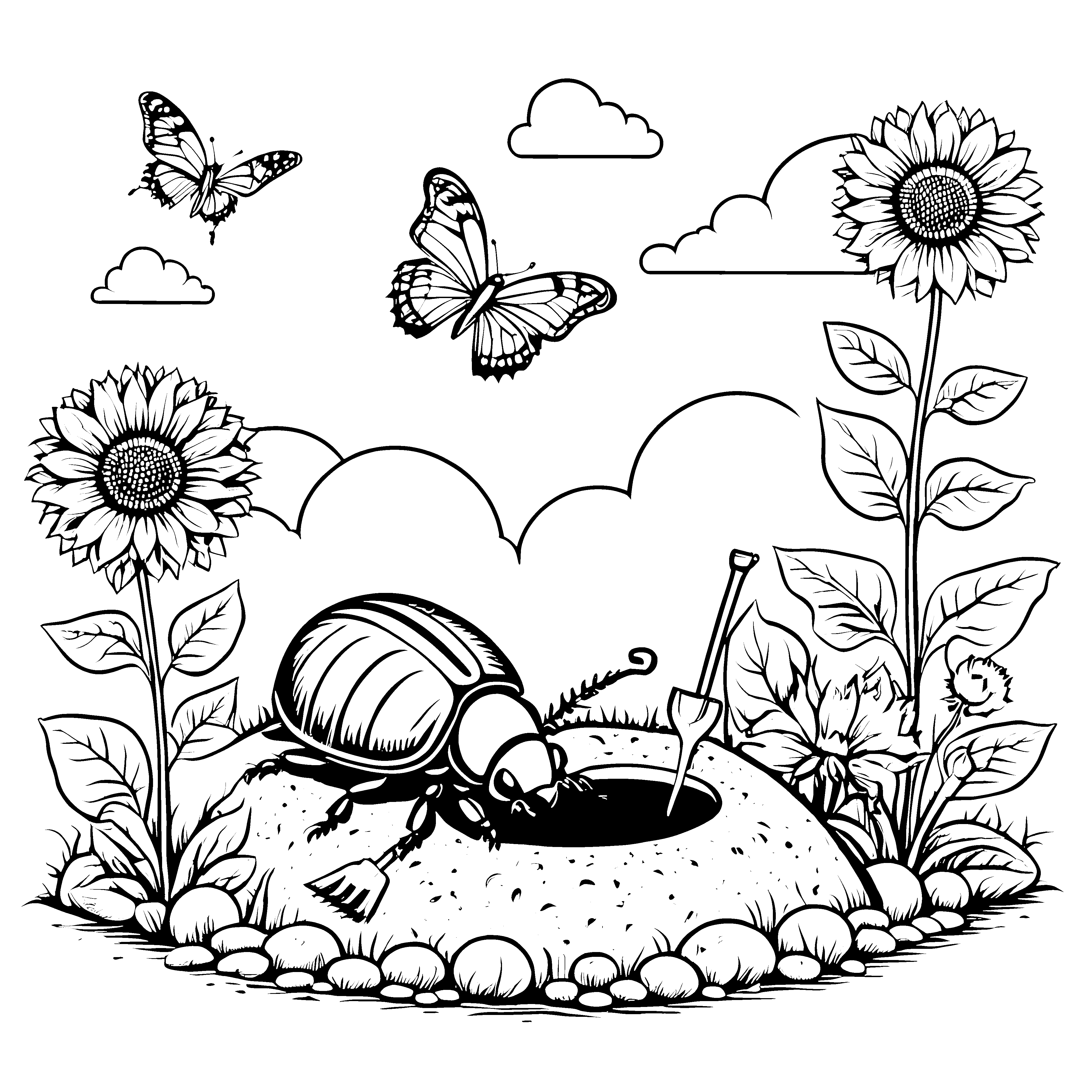 Bezaubernder Mistkäfer mit Angel und Sonnenblumen Ausmalvorlage für kleine Tierfreunde