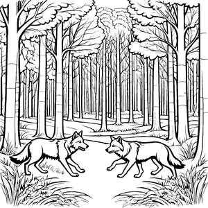 Zwei schnelle Wölfe auf der Jagd durch den Wald Ausmalmotiv für wilde Abenteurer