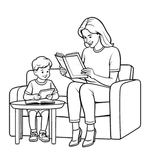 Spannende Lesestunde mit Tablet und Buch Ausmalbild für leidenschaftliche Geschichtenerzähler